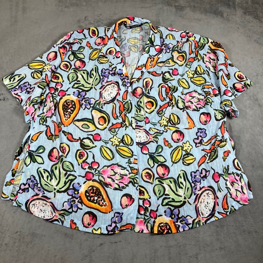Zara Tropical Fruit Print Button Down Shirt Blue Short Sleeve Large Papaya Chili